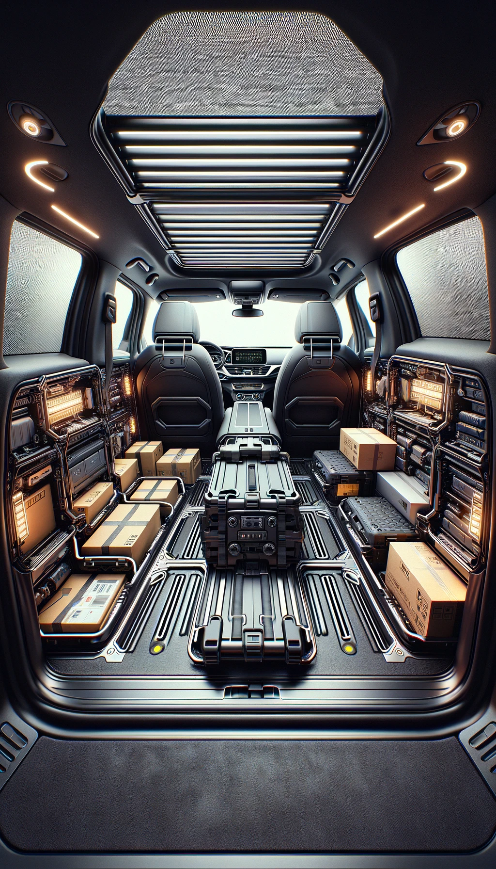 DALL·E 2024-02-12 14.00.19 - Visualize a vertical image of the interior of a car, specifically designed for the secure transport of valuable goods. The scene captures the back sea